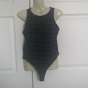 Calvin Klein Ladies Signature Logo Bodysuit With Zipper Front Small Black & Gray